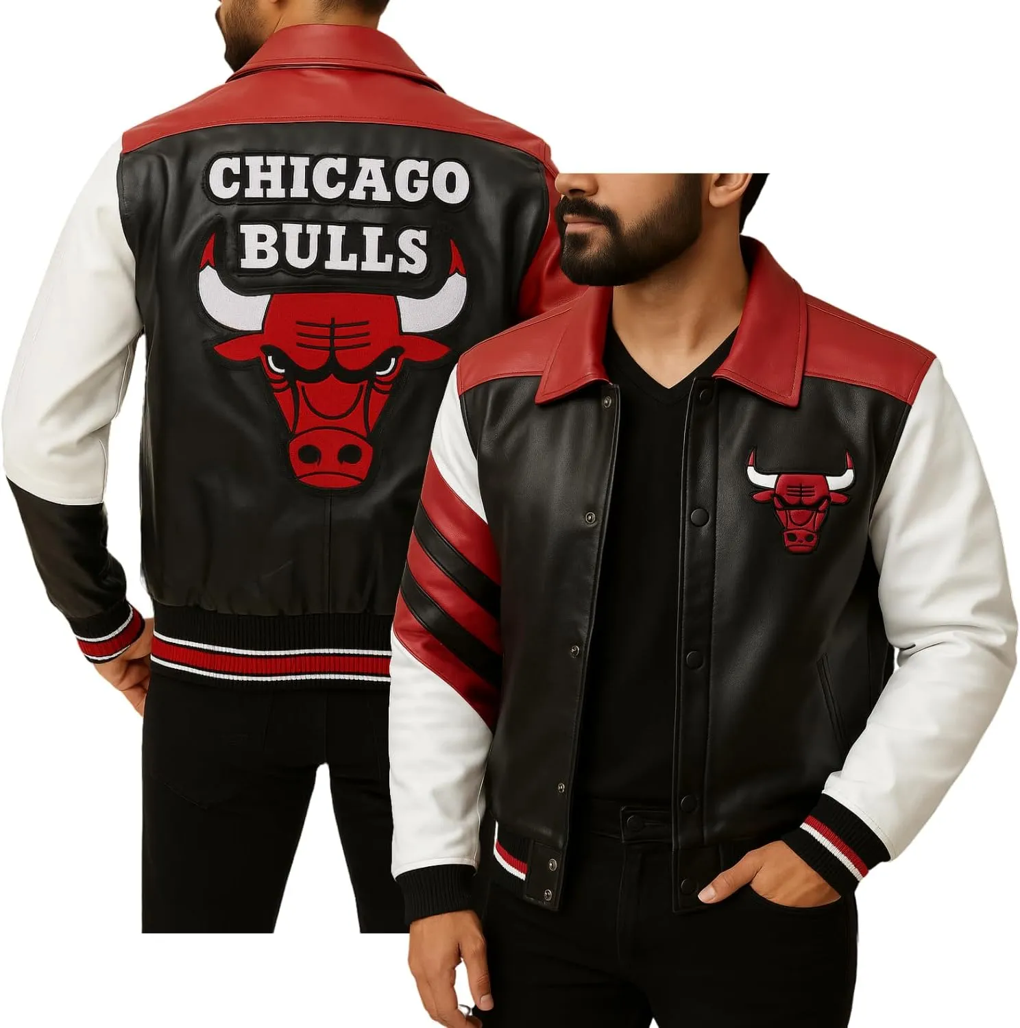 Men Chicago Vintage Baseball Bomber Bull Leather Jacket Ultra Game Letterman Baseball Varsity Leather Bull Jacket