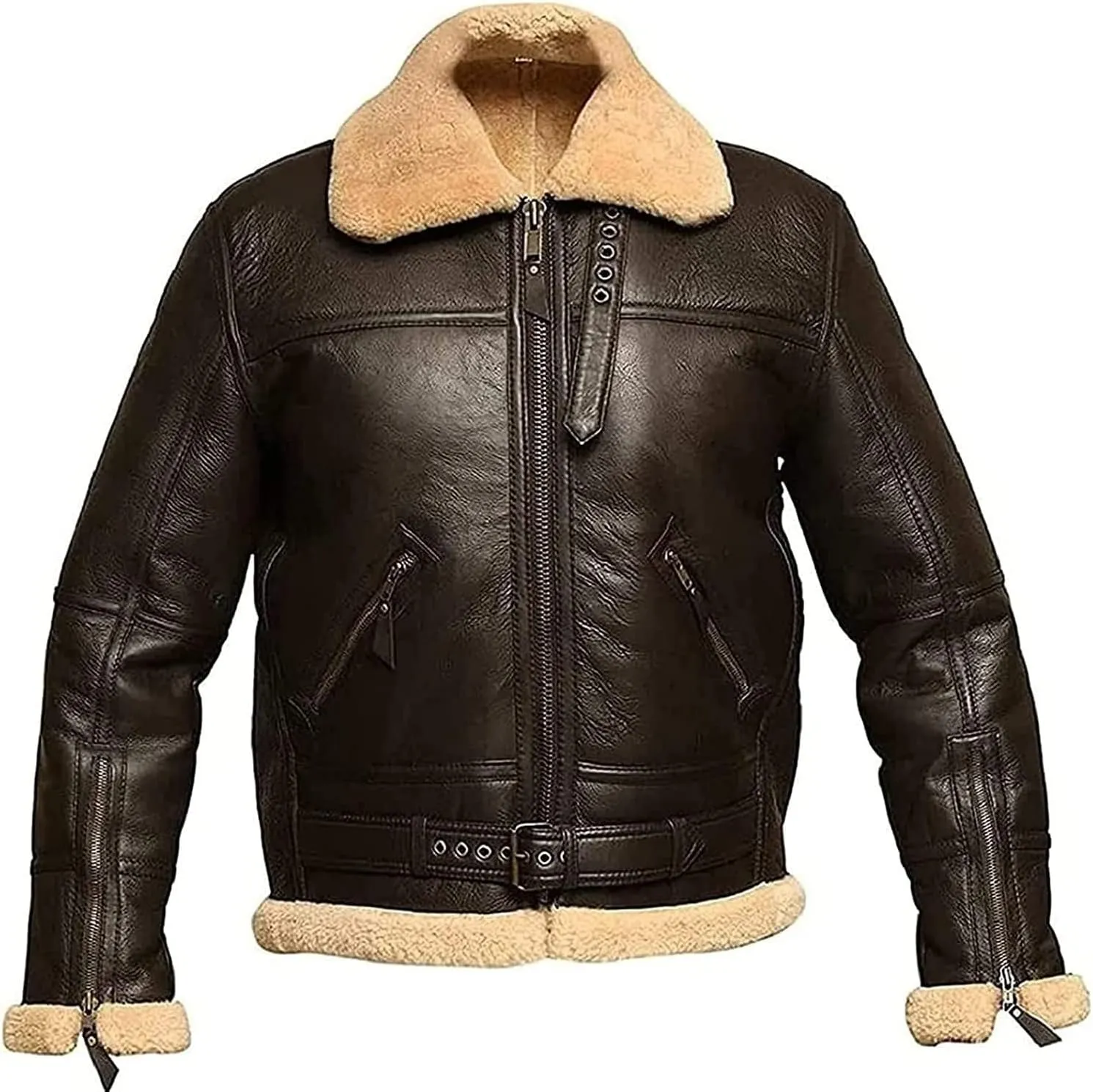 Men Fur Leather Jacket Aviator Bomber Lambskin Coat Fleece Padded Jackets Men Faux Fur Jacket