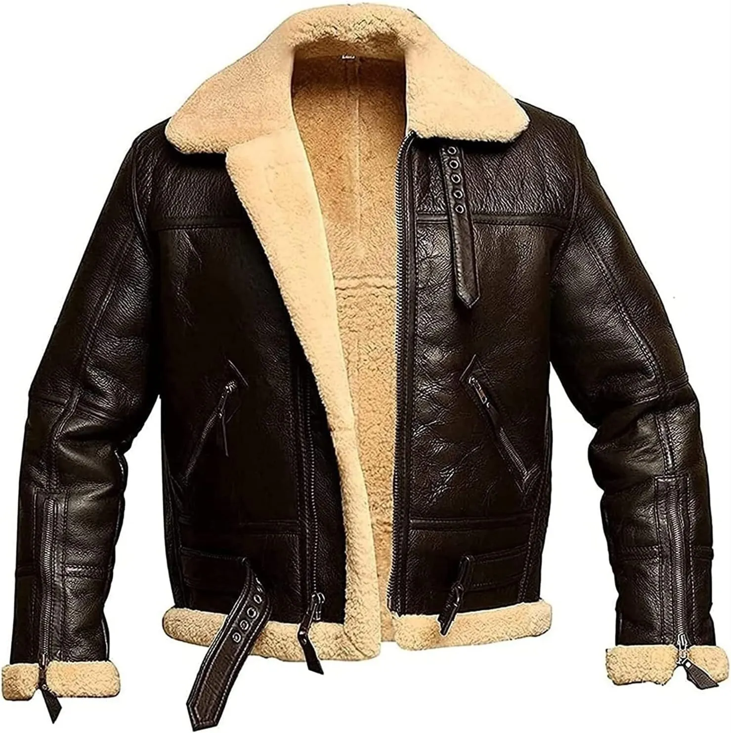 Men Fur Leather Jacket Aviator Bomber Lambskin Coat Fleece Padded Jackets Men Faux Fur Jacket