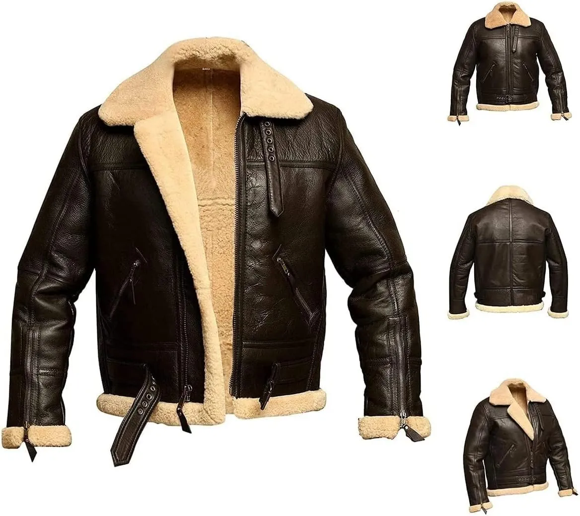 Men Fur Leather Jacket Aviator Bomber Lambskin Coat Fleece Padded Jackets Men Faux Fur Jacket