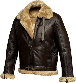 Men's Brown Pilot Jacket Real Thick Shearling Sheepskin Vintage Men's Shearling Sheepskin Leather Jacket Vintage Shearling Aviator Jacket (Color : Brown, Size : Small)