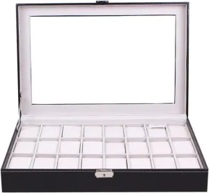 Mens Jewellery Box Watch Box Organizer Watch Display Box 24 Grid Wristwatch Storage Case Organizer Holder Pu Leather Watch Dislpay Box Organizer with Transparent Glass Top Watch Dislpay Box Lofty