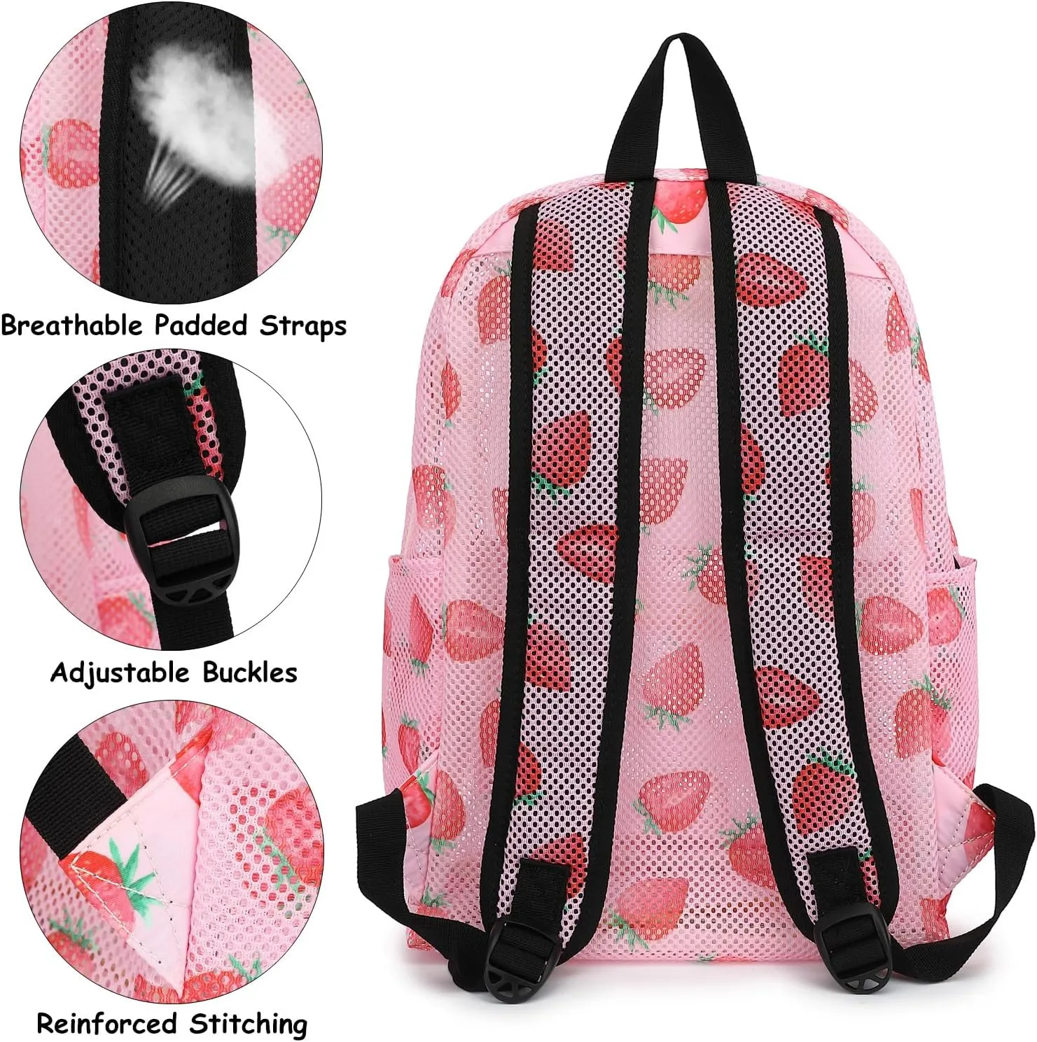 Mesh School Backpack for Girls Women, Heavy Duty See Through College Bookbag School Bag with Storage Bag (Strawberry)