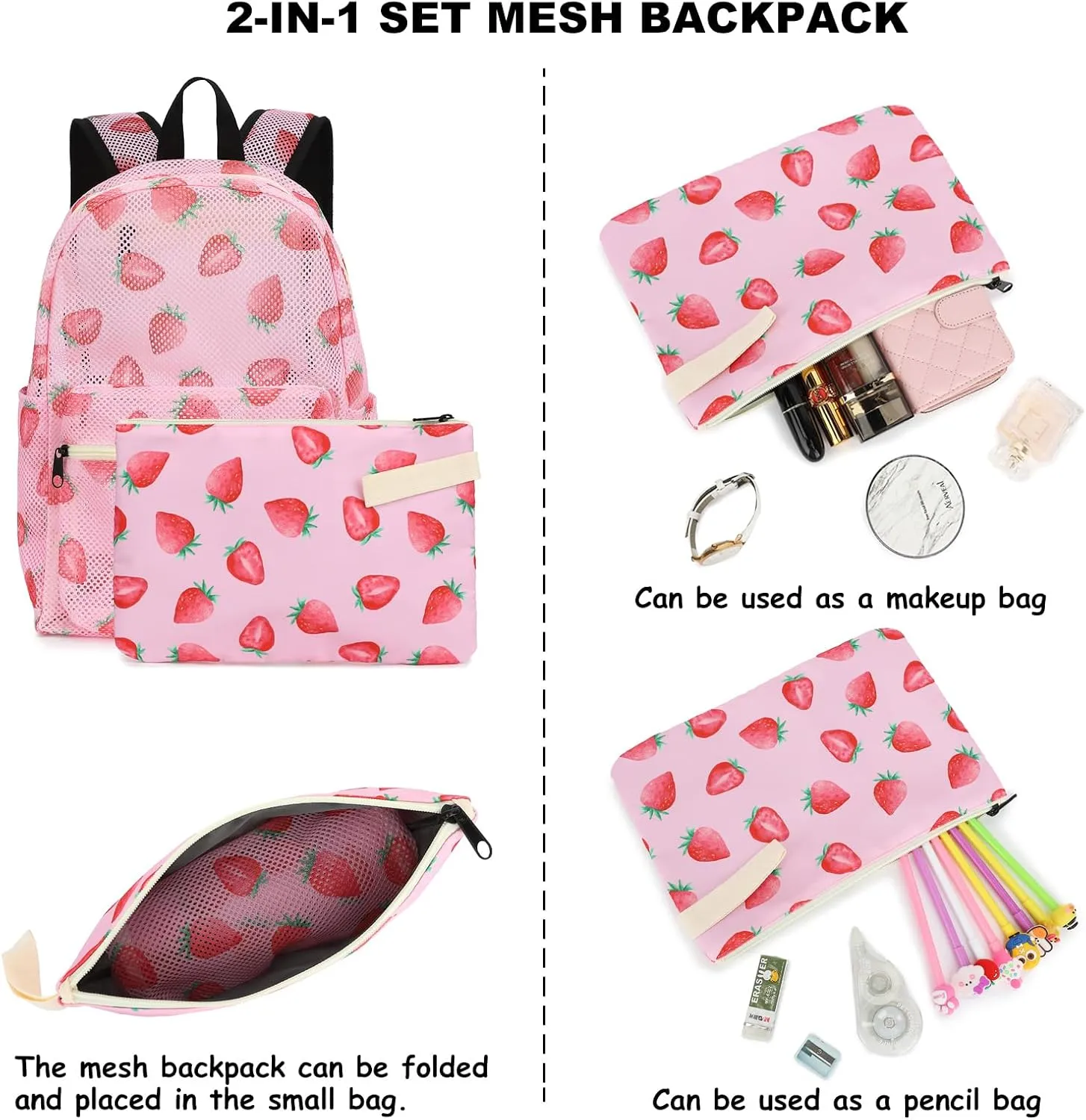 Mesh School Backpack for Girls Women, Heavy Duty See Through College Bookbag School Bag with Storage Bag (Strawberry)