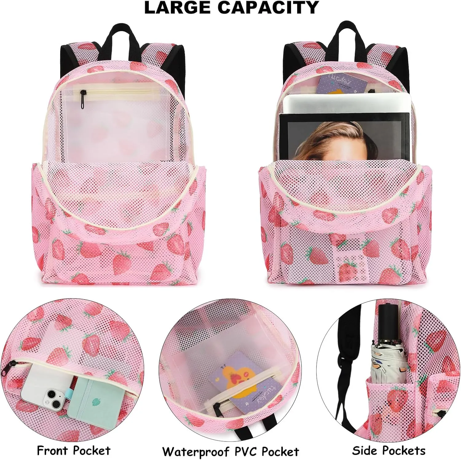 Mesh School Backpack for Girls Women, Heavy Duty See Through College Bookbag School Bag with Storage Bag (Strawberry)