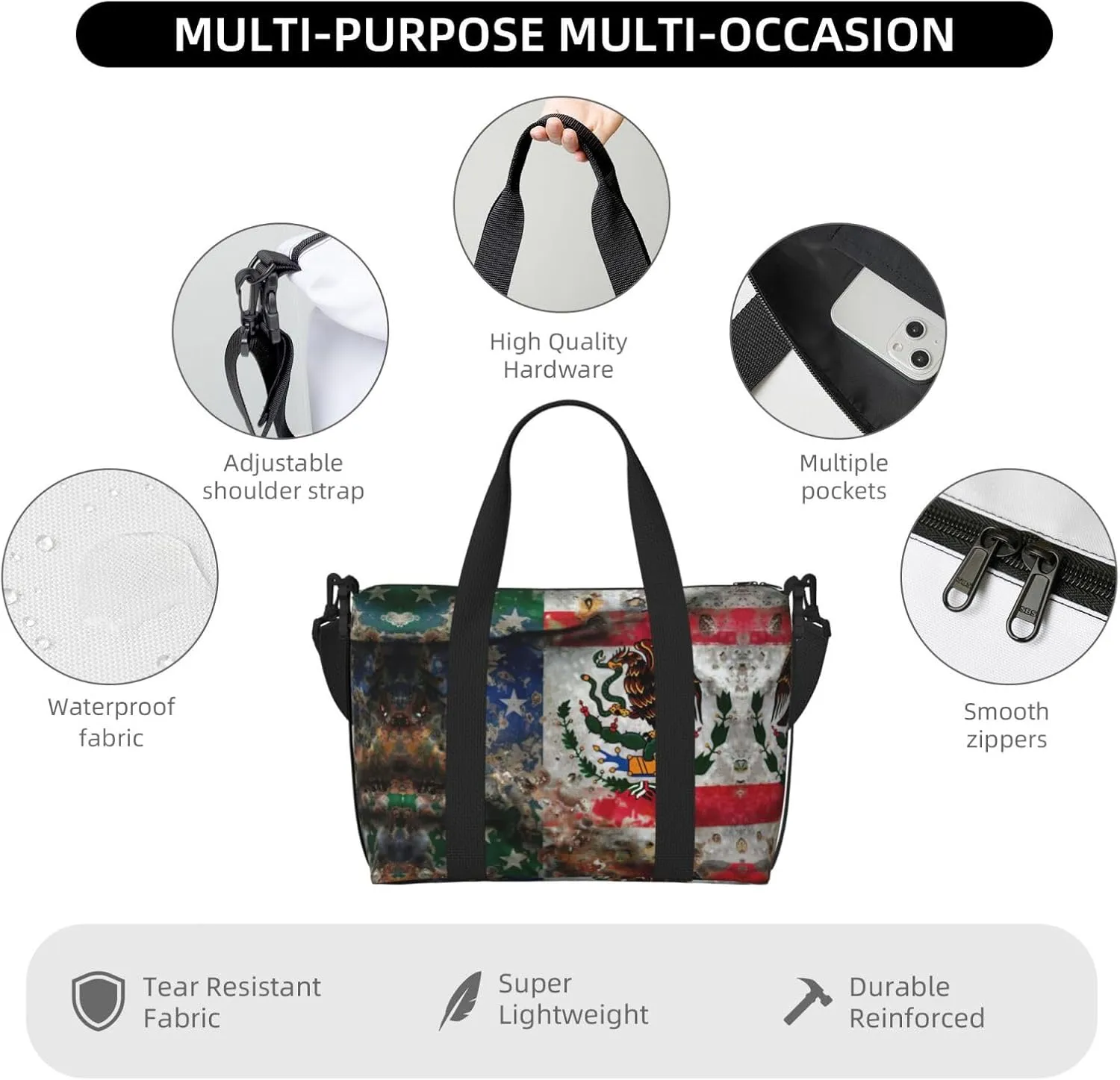 Mexican American Flag Small Duffel Bag Foldable Travel Bag Weekender Bag Overnight Gym Hospital Bags For Women&Men