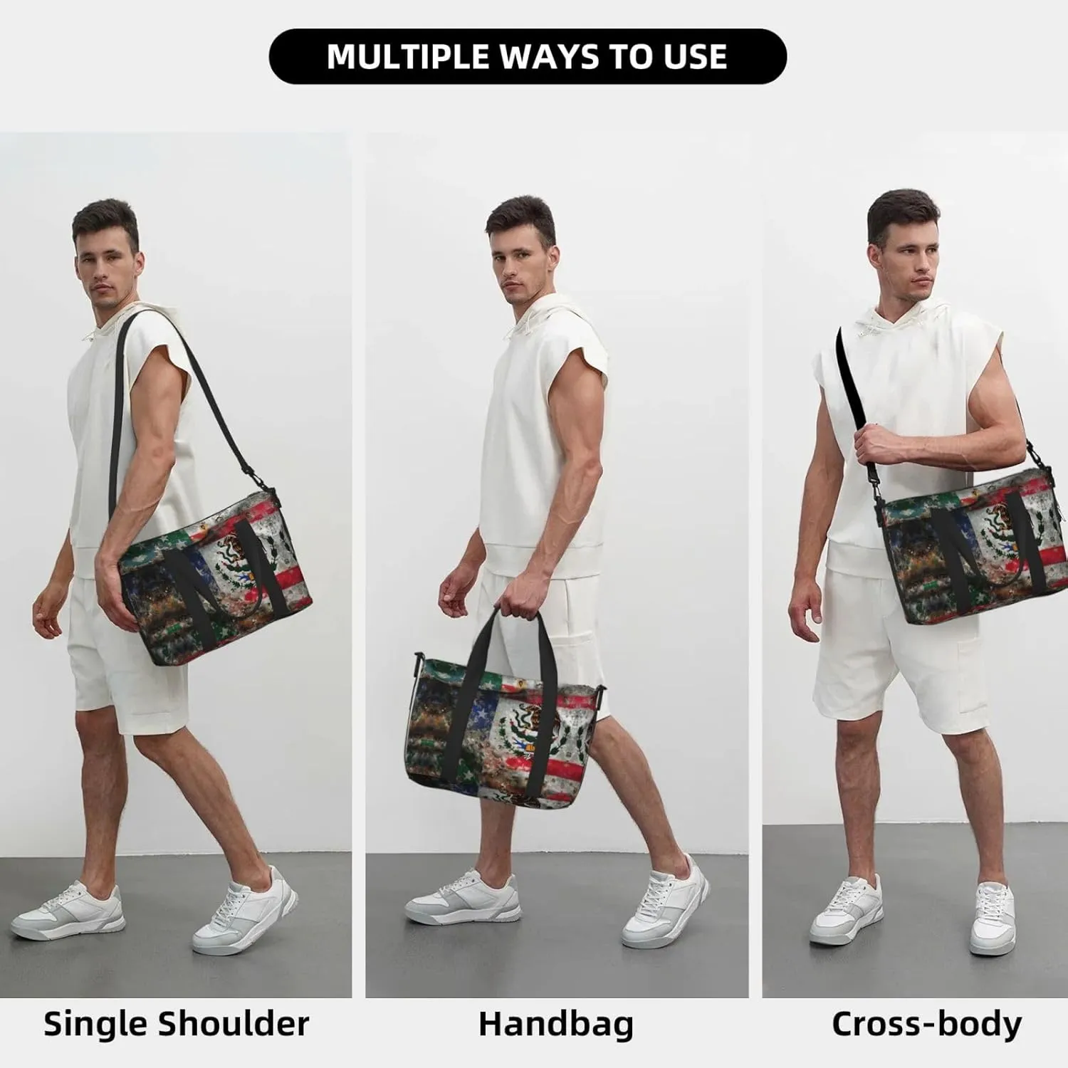 Mexican American Flag Small Duffel Bag Foldable Travel Bag Weekender Bag Overnight Gym Hospital Bags For Women&Men