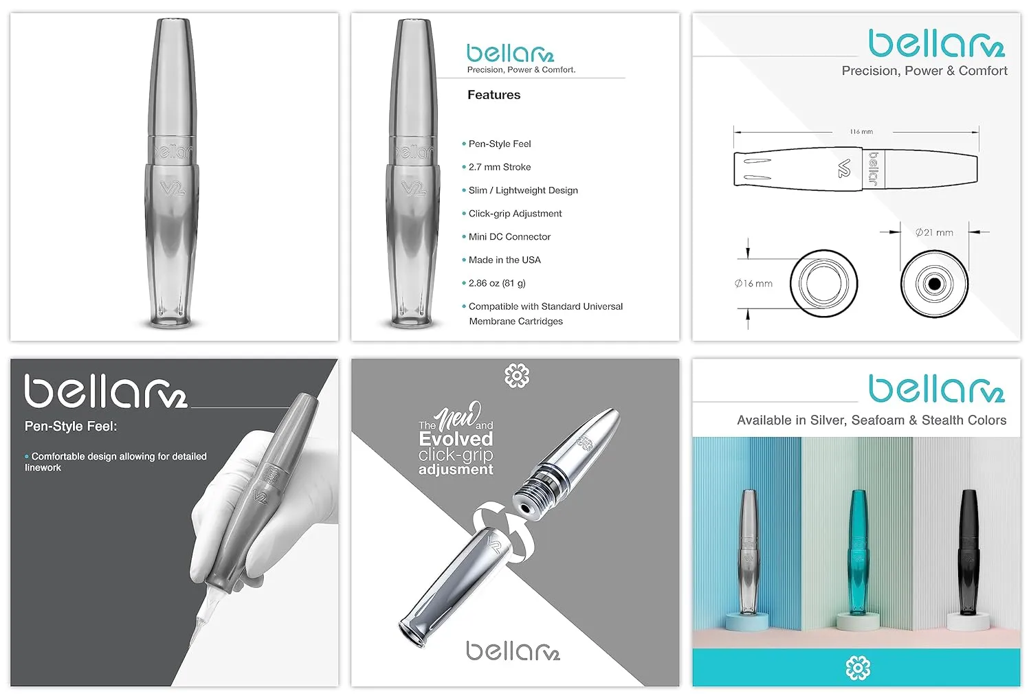 Microbeau - Bellar V2 Tattoo Machine - Silver - Microblading Cosmetic Tattoo Pen for Makeup Application With Adjustable Features for Permanent Eyeliner & Lip Blushing