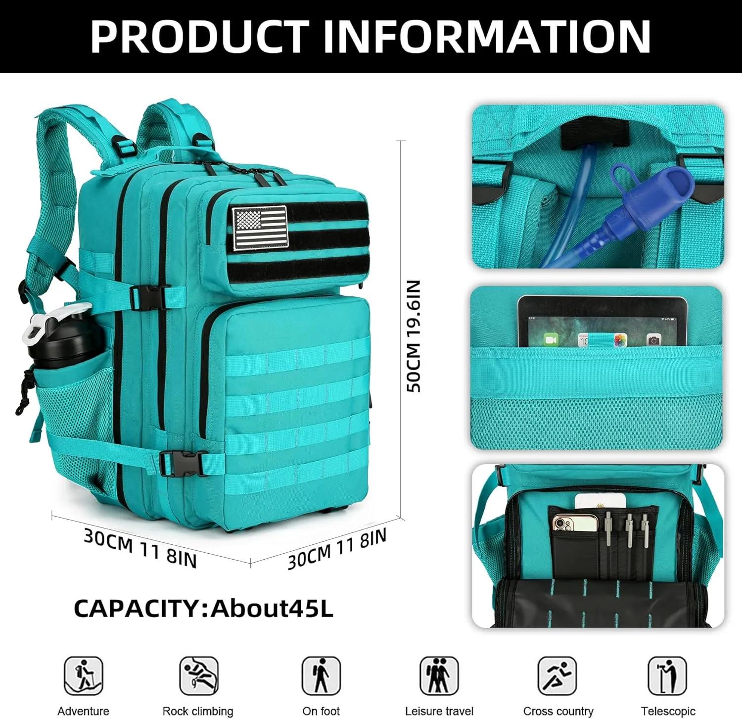 Military Tactical Backpacks Molle Army Assault Pack Hydration Pack Waist Belt Tactical Daypack Molle Hiking Packs (Lake Blue)