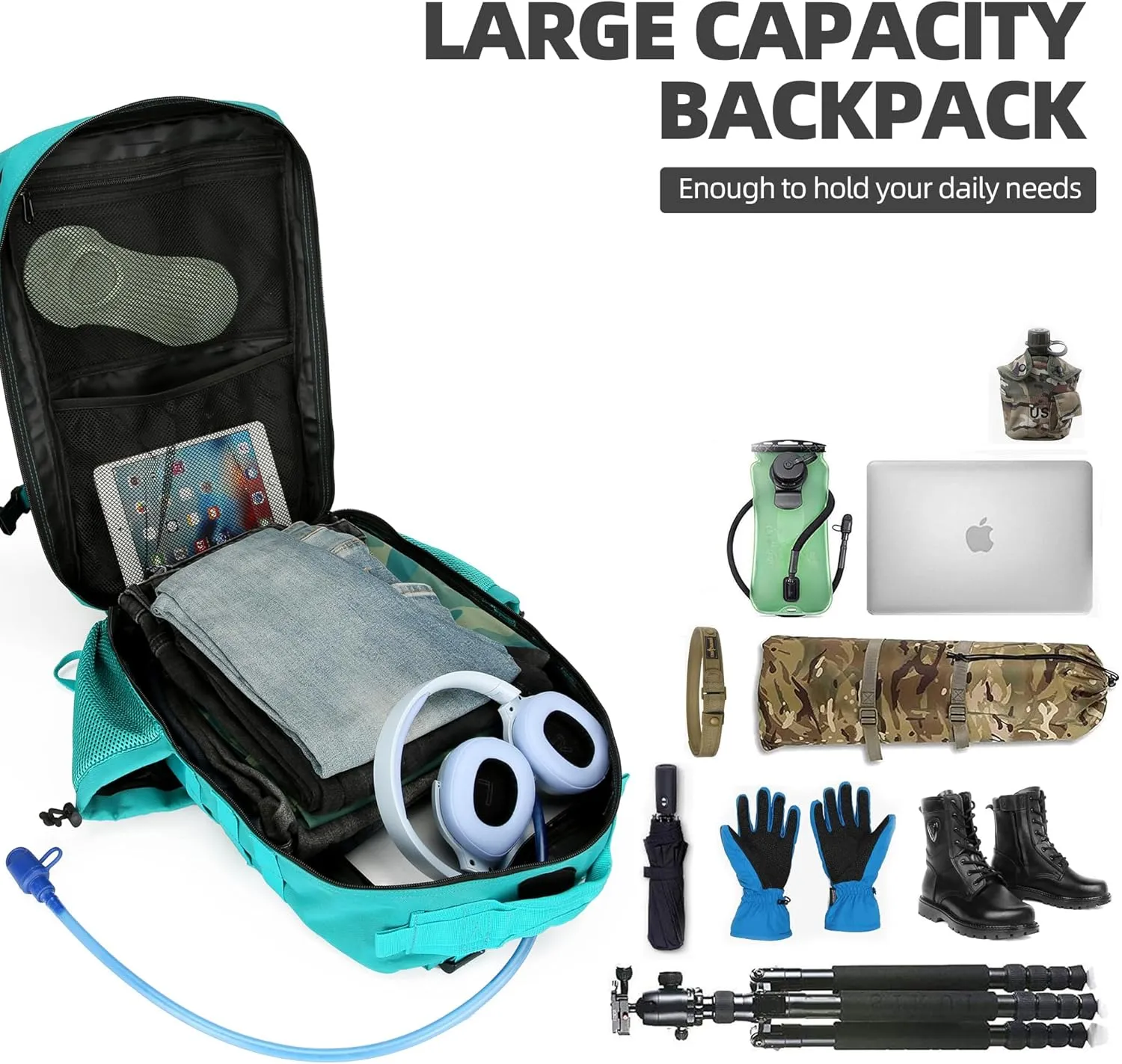Military Tactical Backpacks Molle Army Assault Pack Hydration Pack Waist Belt Tactical Daypack Molle Hiking Packs (Lake Blue)