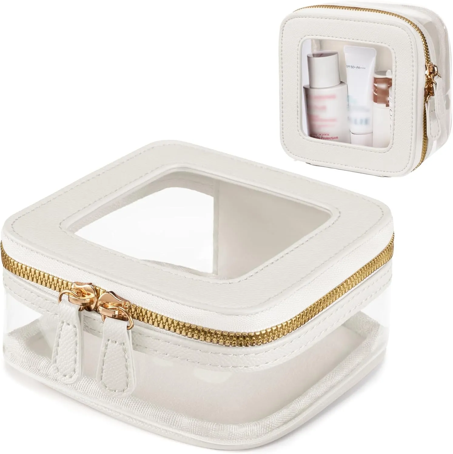Mini Cosmetic Bag Clear Makeup Bag Small Travel Toiletry Bag with Zipper, Cute Car Cosmetic Case Transparent Makeup Pouch for Purse (White)
