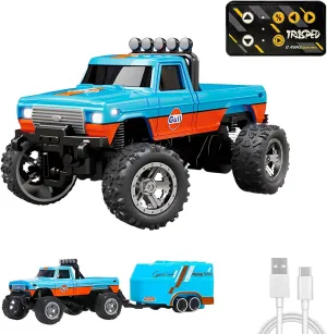 Mini RC Truck with Trailer, 2.4GHz All Terrain Off-Road Monster Truck, 1:64 Scale Alloy, Speed/Steering Adjustable, Remote Control Car (with Trailer)