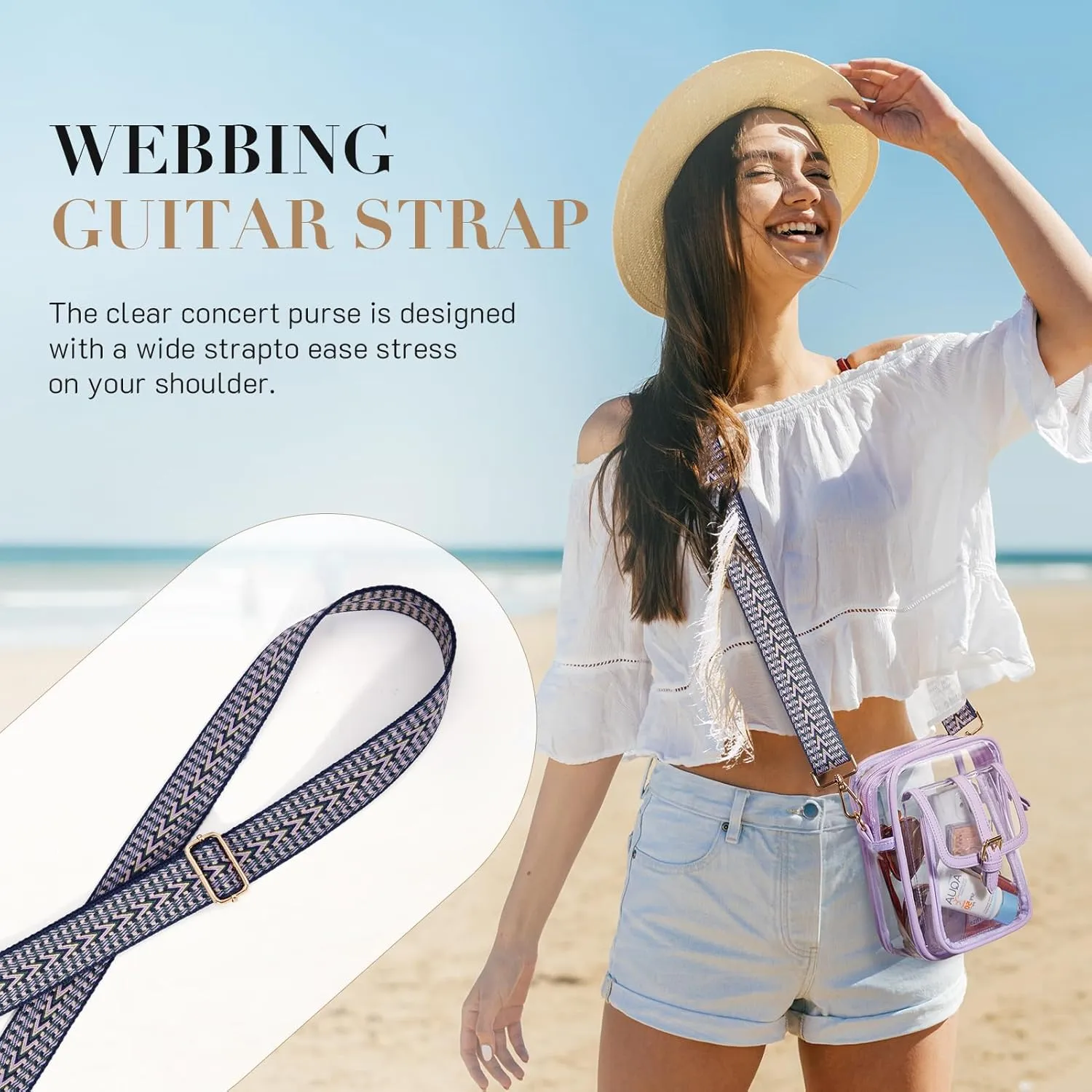 Missnine Clear Bag Stadium Approved PVC Crossbody Purse for Women Transparent Shoulder Concert Bag with Guitar Strap