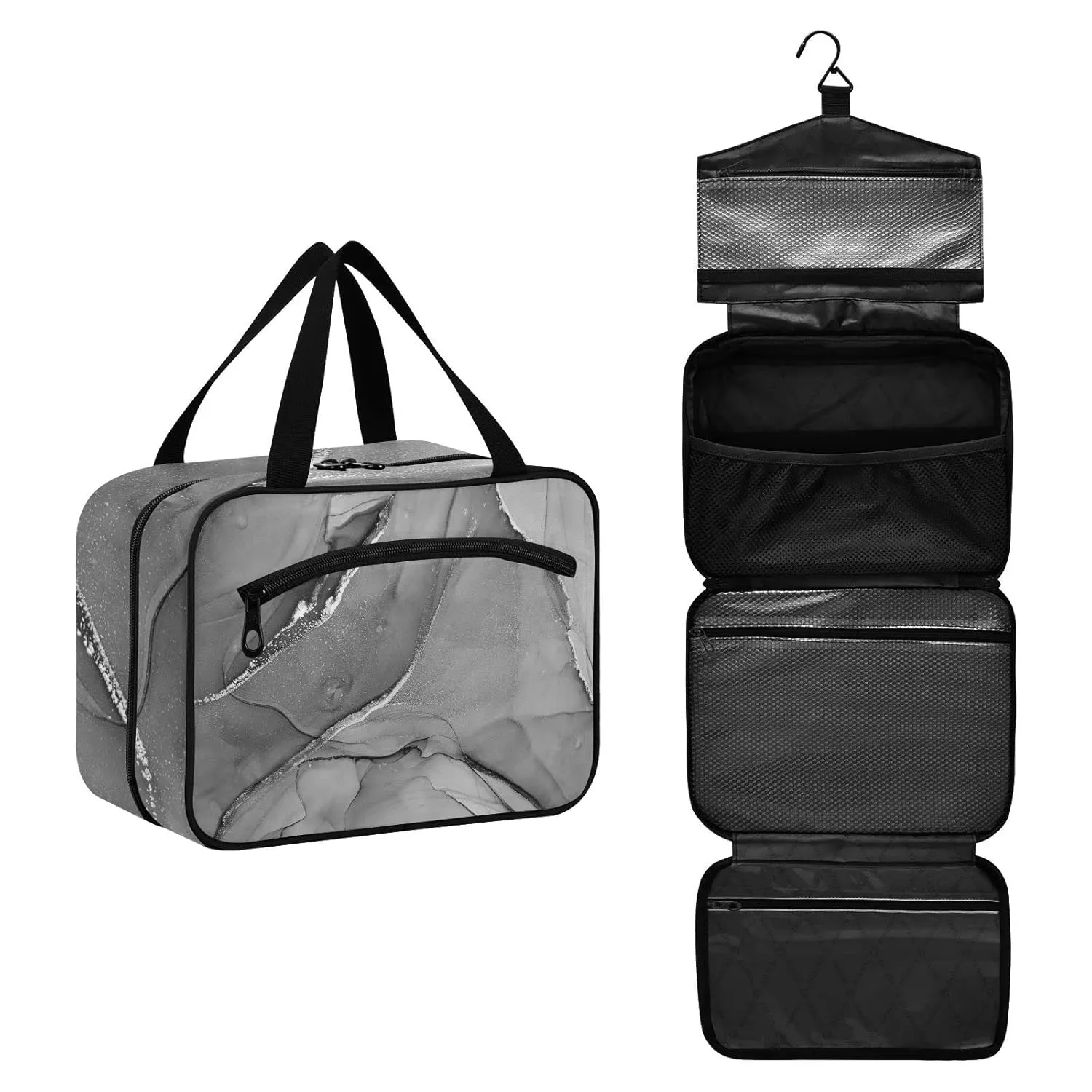 Mixing Acrylic Paints Grey Marble Texture Modern Art 1 PC Hanging Travel Wash bag with Handles, Portable Makeup Organizer Brush Storage Case Portable Travel Cosmetic with Hook M