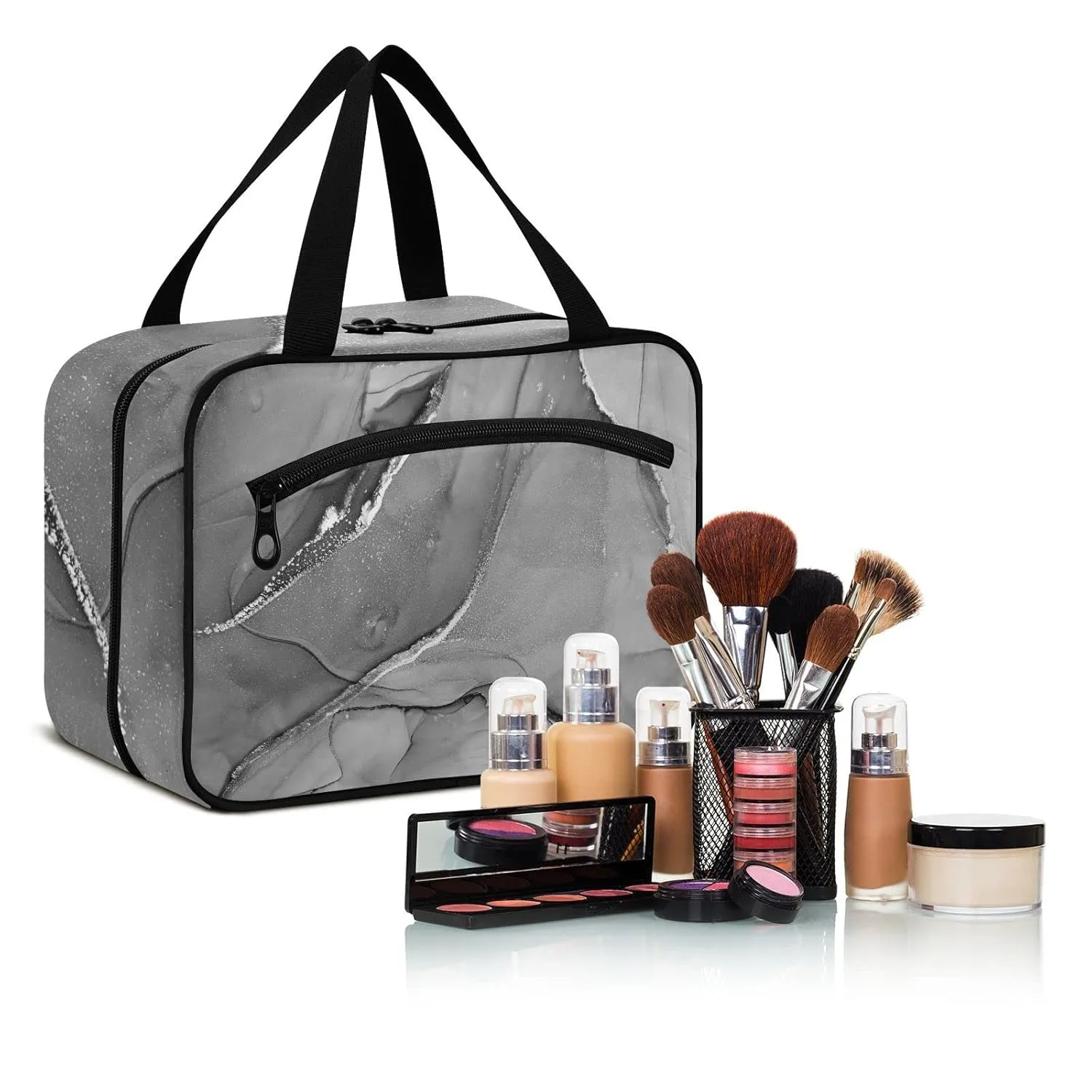 Mixing Acrylic Paints Grey Marble Texture Modern Art 1 PC Hanging Travel Wash bag with Handles, Portable Makeup Organizer Brush Storage Case Portable Travel Cosmetic with Hook M