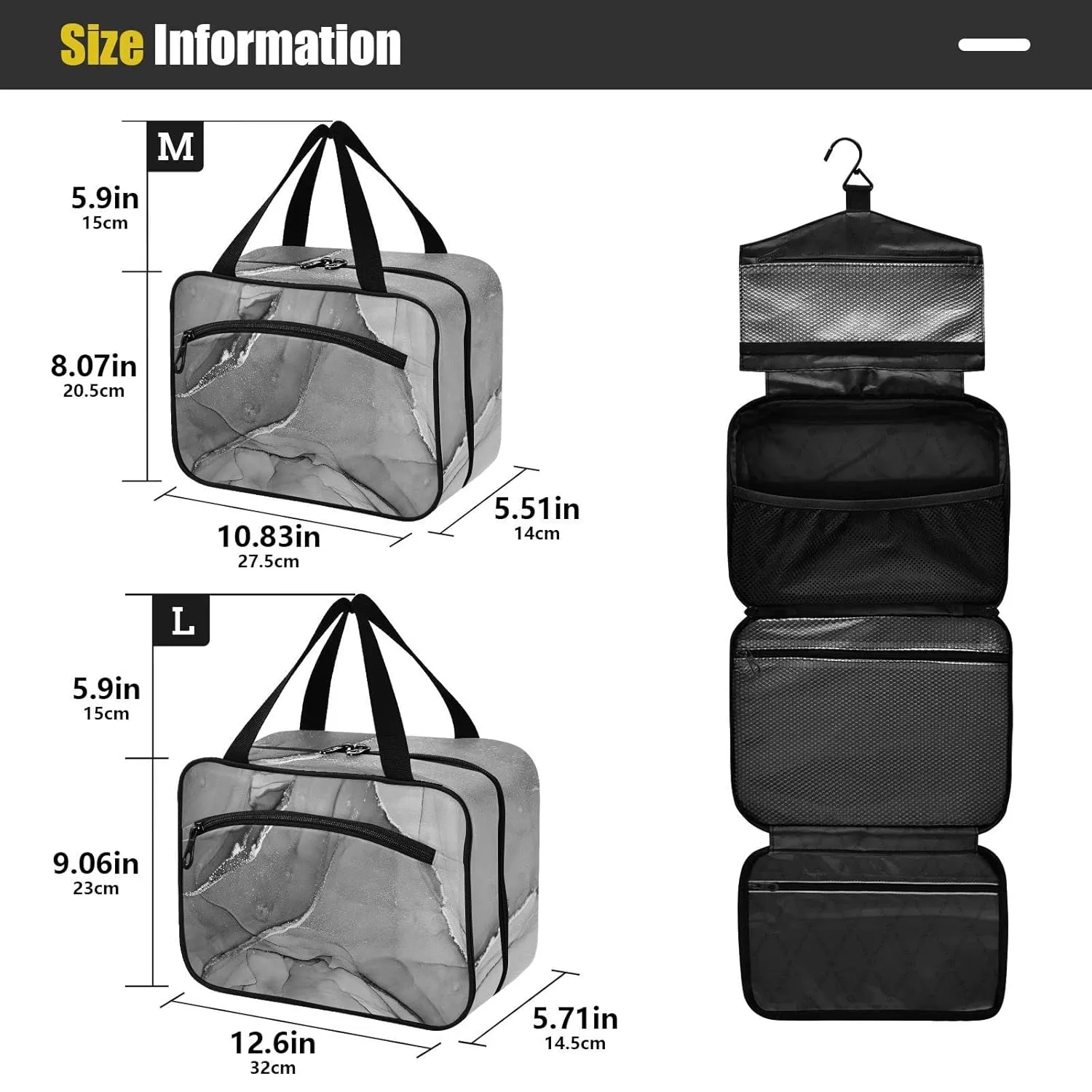 Mixing Acrylic Paints Grey Marble Texture Modern Art 1 PC Hanging Travel Wash bag with Handles, Portable Makeup Organizer Brush Storage Case Portable Travel Cosmetic with Hook M