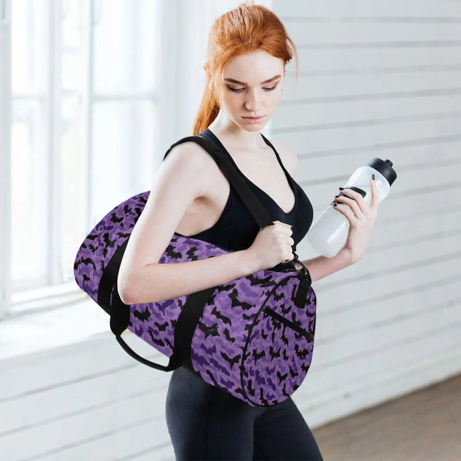 MNSRUU Sports Duffel Bags, Black Moths on A Purple Athletic Gym Bag Overnight Workout Travel Tote Luggage for Men Women Yoga