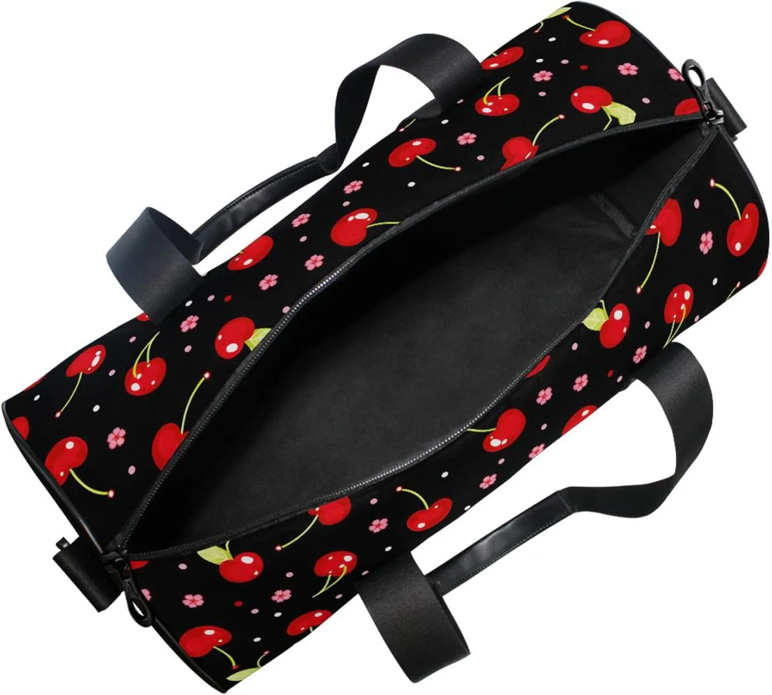 MNSRUU Sports Duffel Bags, Cherries with Flowers on Black Athletic Gym Bag Overnight Workout Travel Tote Luggage for Men Women Yoga