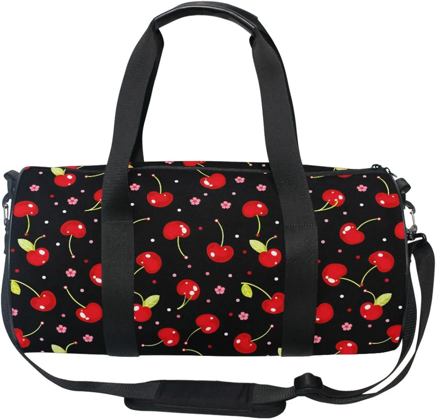 MNSRUU Sports Duffel Bags, Cherries with Flowers on Black Athletic Gym Bag Overnight Workout Travel Tote Luggage for Men Women Yoga