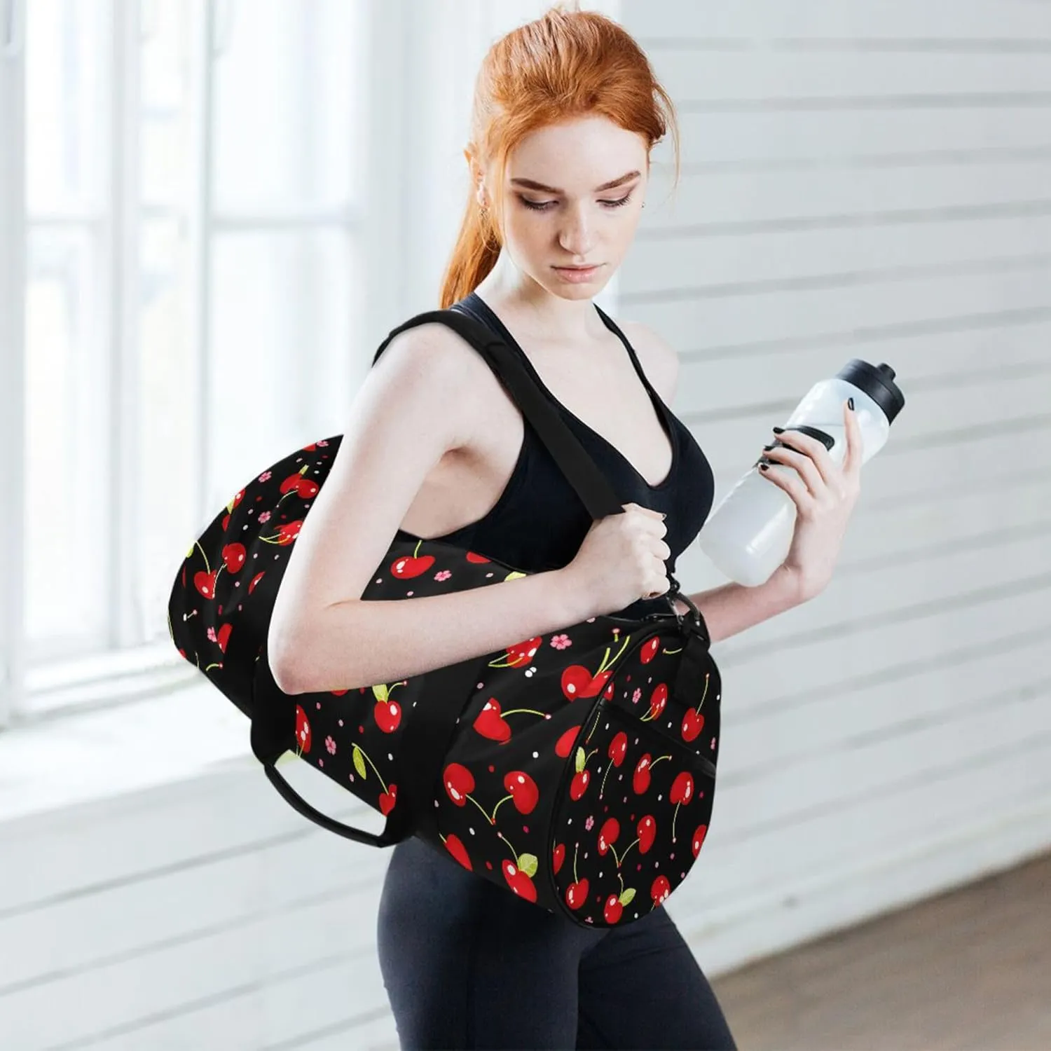 MNSRUU Sports Duffel Bags, Cherries with Flowers on Black Athletic Gym Bag Overnight Workout Travel Tote Luggage for Men Women Yoga