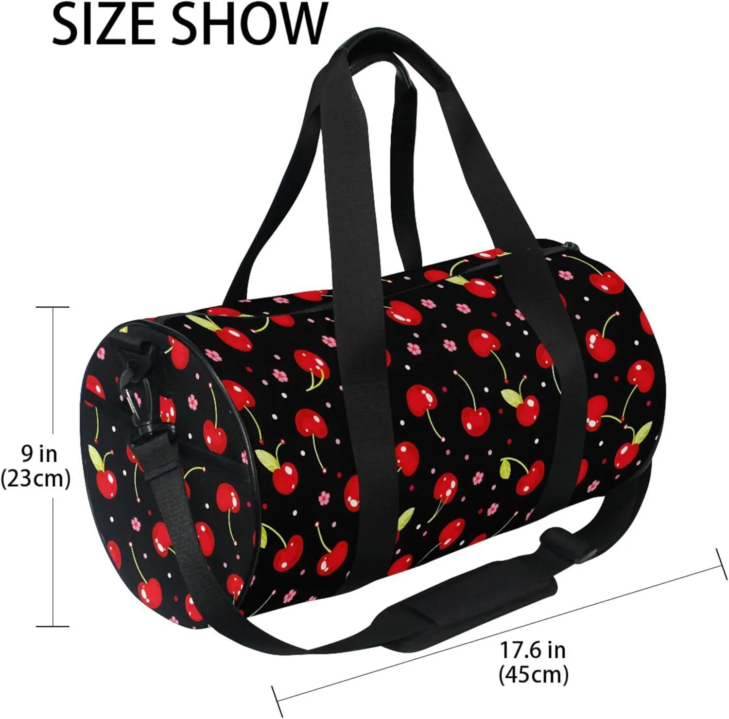 MNSRUU Sports Duffel Bags, Cherries with Flowers on Black Athletic Gym Bag Overnight Workout Travel Tote Luggage for Men Women Yoga