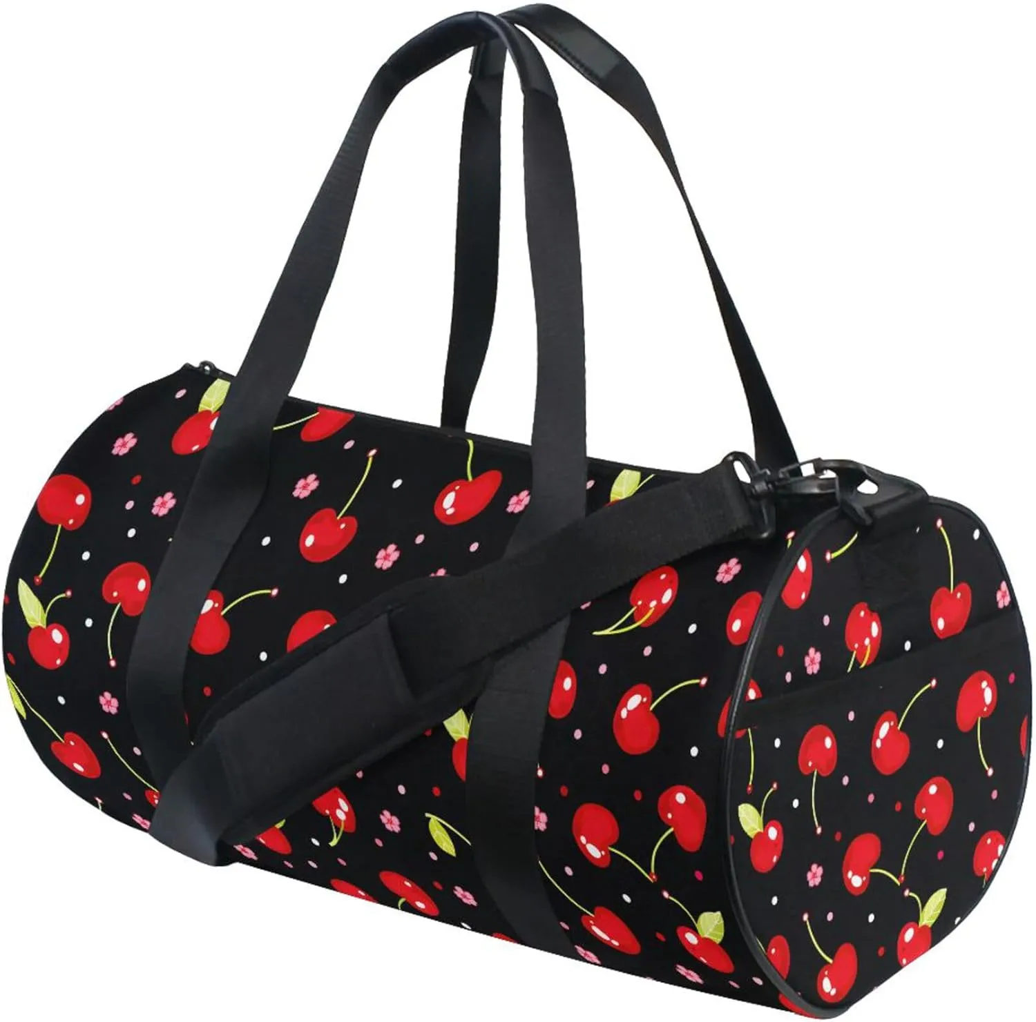 MNSRUU Sports Duffel Bags, Cherries with Flowers on Black Athletic Gym Bag Overnight Workout Travel Tote Luggage for Men Women Yoga