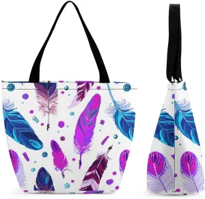 MoBlinko Bohemian Ethnic Feathers Tote Bag for Women Reusable Shoulder Bags with Zipper for Yoga Grocery Shopping Gifts
