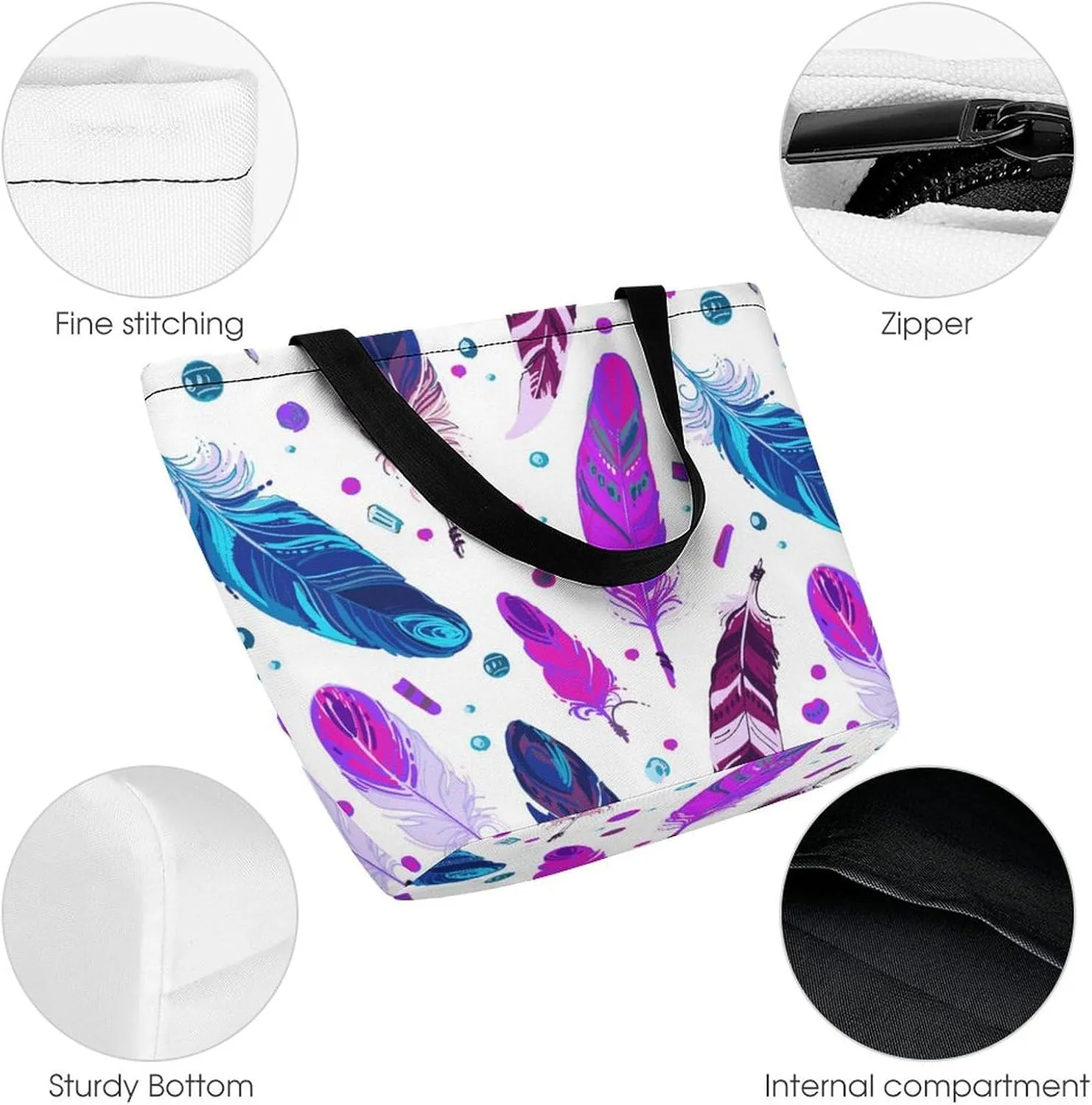 MoBlinko Bohemian Ethnic Feathers Tote Bag for Women Reusable Shoulder Bags with Zipper for Yoga Grocery Shopping Gifts