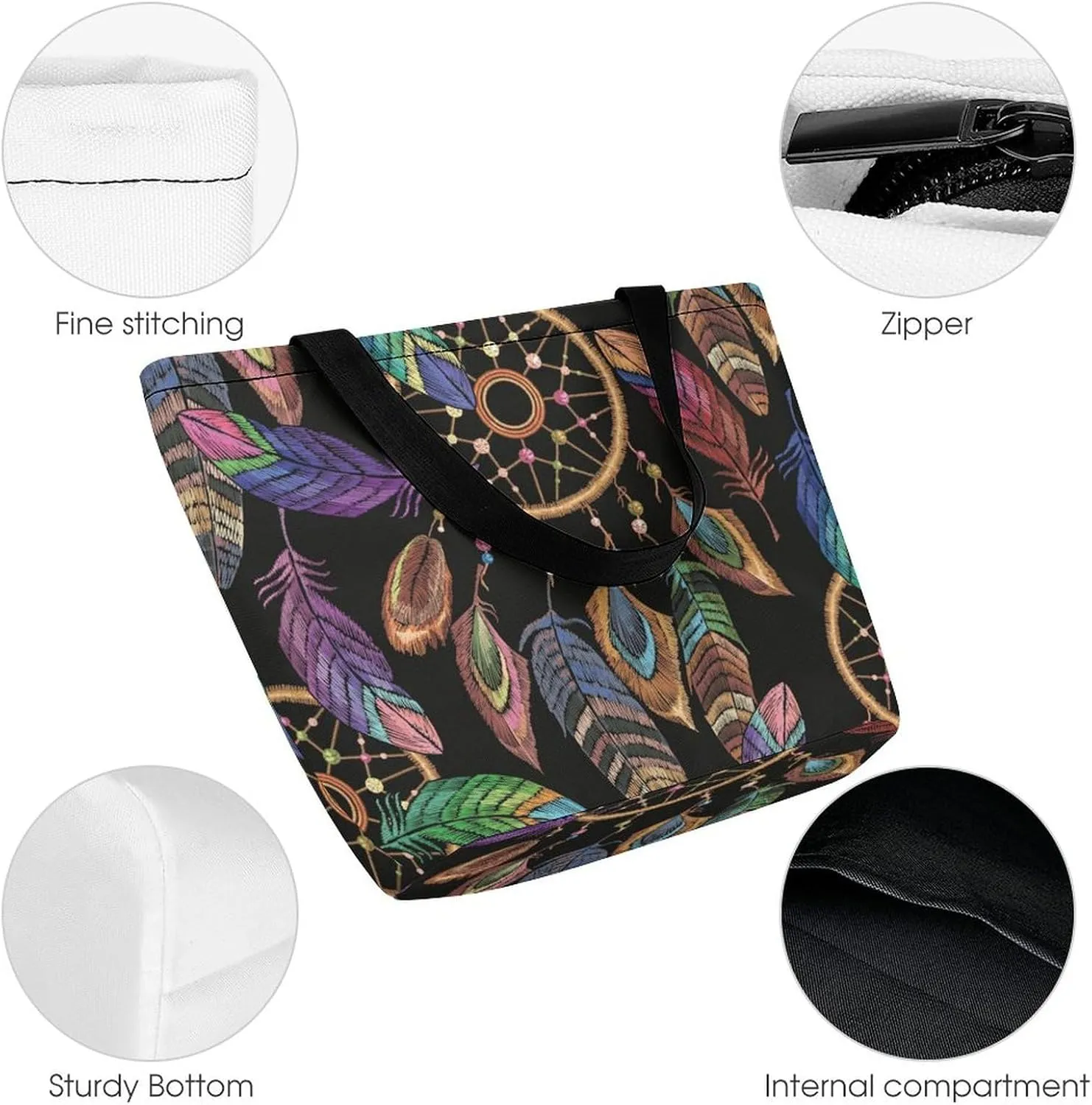 MoBlinko Dream Cather Feathers Womens Tote Bags Reusable Yoga Shoulder Bag Handbag with Zipper for Grocery Shopping Gifts