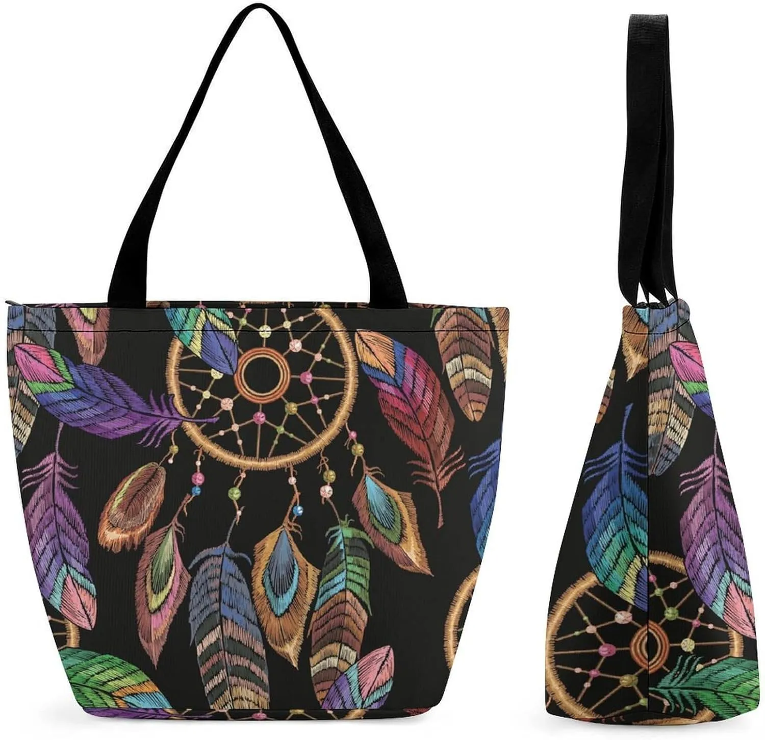 MoBlinko Dream Cather Feathers Womens Tote Bags Reusable Yoga Shoulder Bag Handbag with Zipper for Grocery Shopping Gifts
