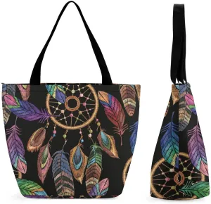 MoBlinko Dream Cather Feathers Womens Tote Bags Reusable Yoga Shoulder Bag Handbag with Zipper for Grocery Shopping Gifts