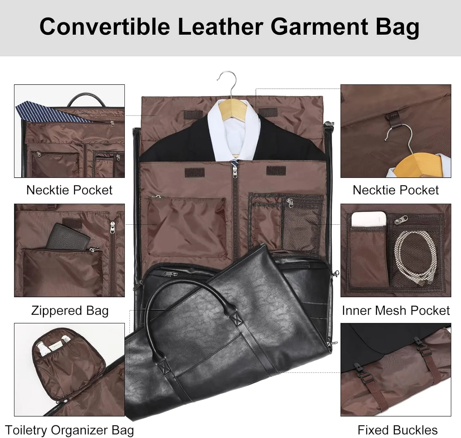 Modoker Convertible Leather Garment Bag, Carry on Garment Bags for Travel, Garment Duffel Bag, Gifts for Men Women Business Waterproof Suitcase Suit Travel Bags, Black