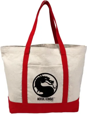 Mortal Kombat Klassic X Symbol Canvas Tote Bag With External Pocket, Reusable Shoulder Bag for Shopping, Beach, Red
