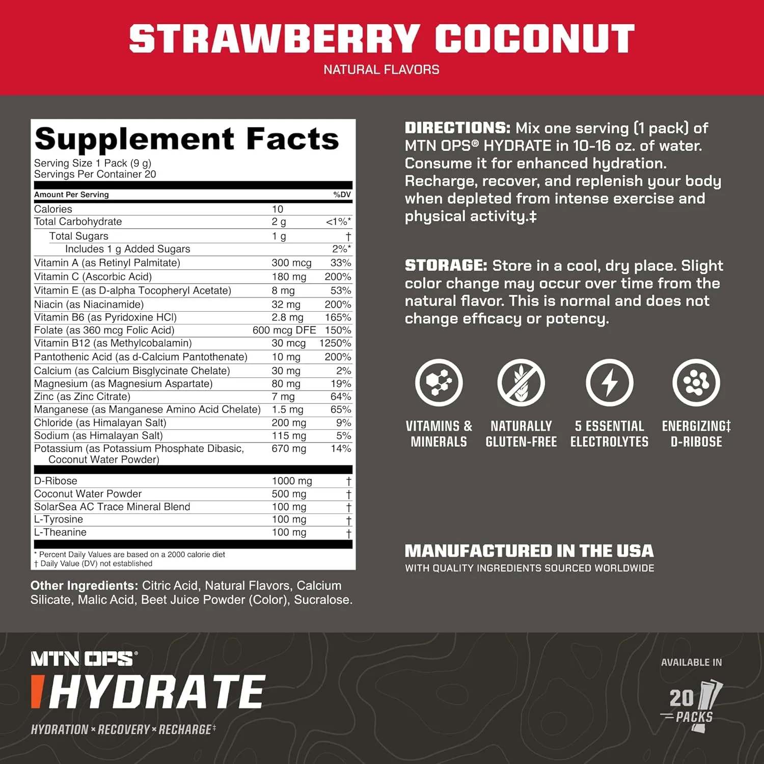 MTN OPS Hydrate Electrolytes Powder Drink Mix, 20 Single Serving On-The-Go Electrolyte Packs with Over 1000mg of Electrolytes per Serving, Strawberry Coconut