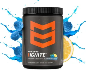 MTN OPS Ignite Energy Drink Powder, Gluten Free Nitric Oxide Supplement Drink Mix, L Arginine, L Citrulline, Caffeine & Nootropic Sugar Free Drink Mix, 45 Servings, Blue Raspberry Lemonade