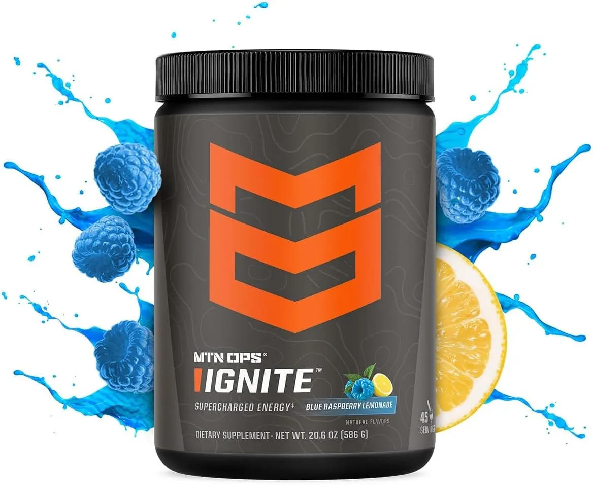 MTN OPS Ignite Energy Drink Powder, Gluten Free Nitric Oxide Supplement Drink Mix, L Arginine, L Citrulline, Caffeine & Nootropic Sugar Free Drink Mix, 45 Servings, Blue Raspberry Lemonade