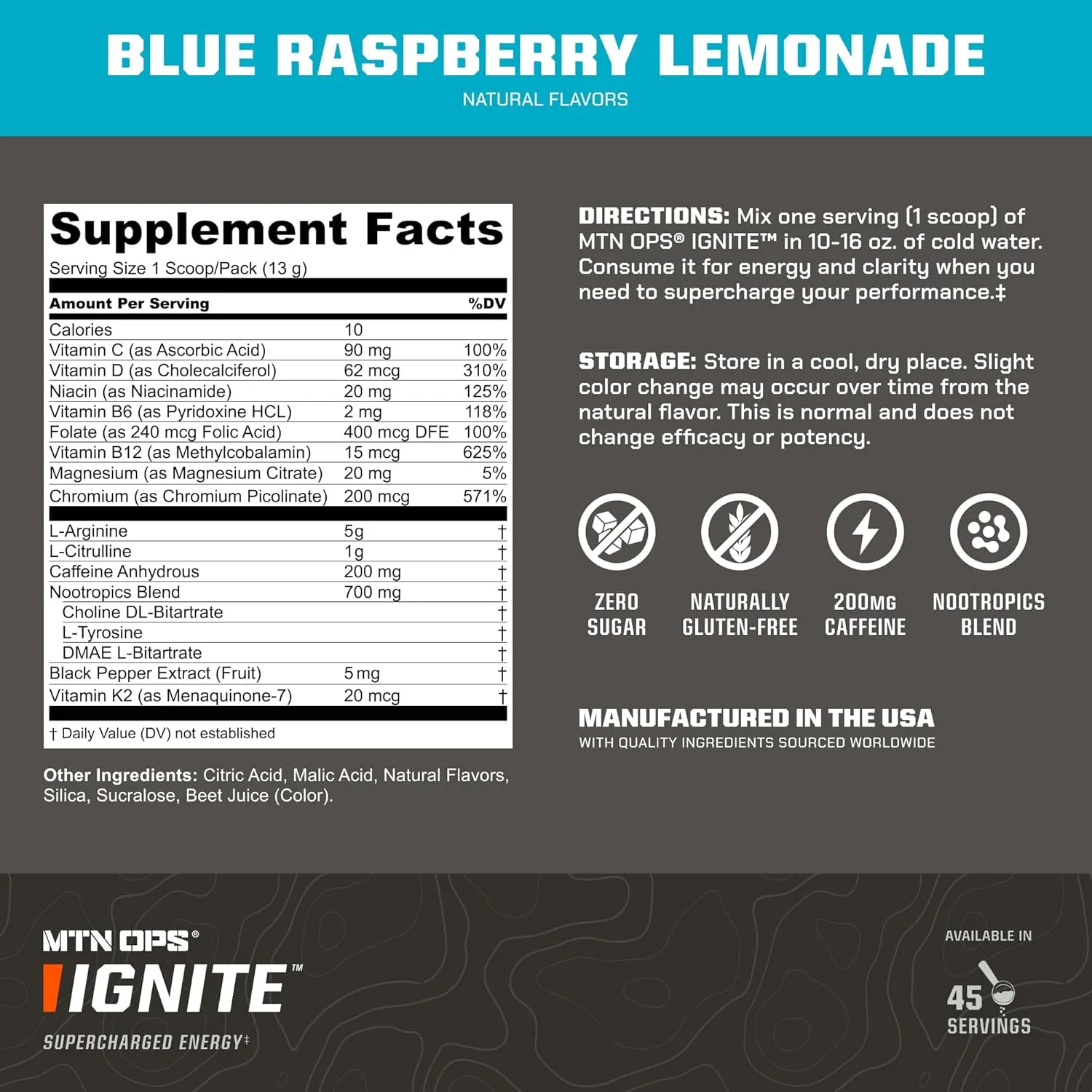 MTN OPS Ignite Energy Drink Powder, Gluten Free Nitric Oxide Supplement Drink Mix, L Arginine, L Citrulline, Caffeine & Nootropic Sugar Free Drink Mix, 45 Servings, Blue Raspberry Lemonade