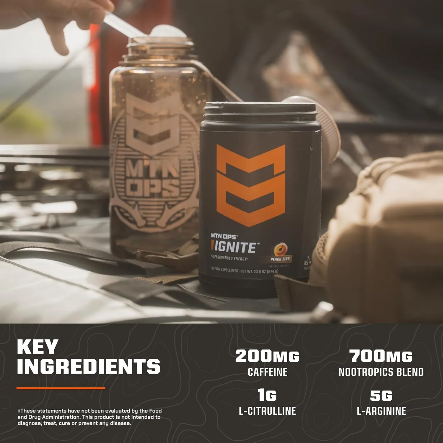 MTN OPS Ignite Energy Drink Powder, Gluten Free Nitric Oxide Supplement Drink Mix, L Arginine, L Citrulline, Caffeine & Nootropic Sugar Free Drink Mix, 45 Servings, Blue Raspberry Lemonade