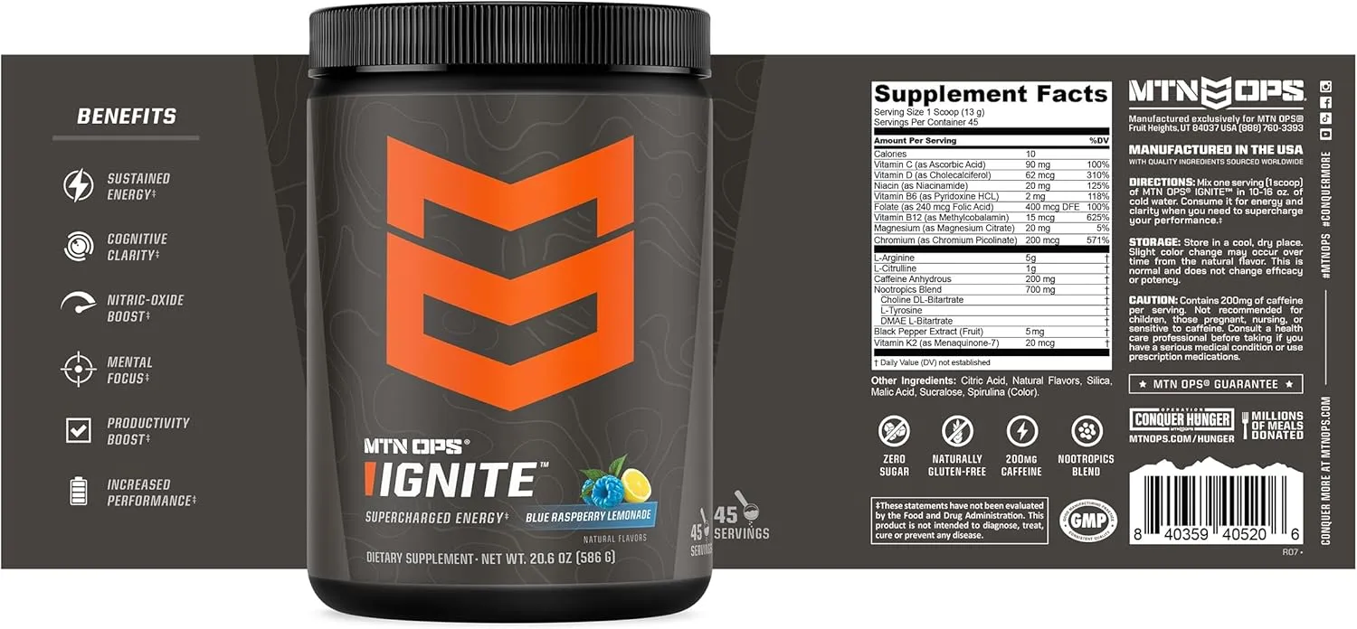 MTN OPS Ignite Energy Drink Powder, Gluten Free Nitric Oxide Supplement Drink Mix, L Arginine, L Citrulline, Caffeine & Nootropic Sugar Free Drink Mix, 45 Servings, Blue Raspberry Lemonade