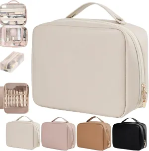 Multi Compartment Toiletry Cosmetic Bag,Set Patient Travel Makeup Bag,Set Patient Multi-compartment Toiletry Cosmetics Bag,PU Leather Large Capacity & Portable Hanging Toiletry Bag (Beige)