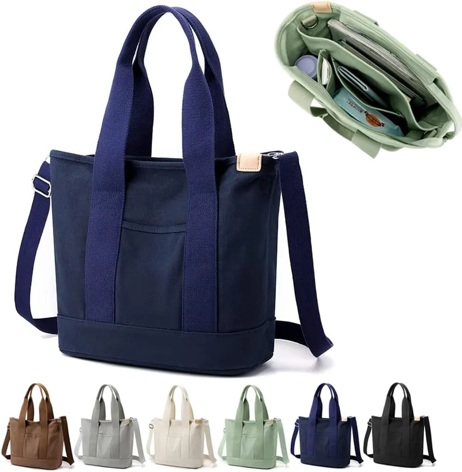 Multi Pocket Canvas Tote Bag with Zipper, Medium Work Bag with Compartments, Japanese Women Everything Purse Mom Bag