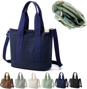 Multi Pocket Canvas Tote Bag with Zipper, Medium Work Bag with Compartments, Japanese Women Everything Purse Mom Bag