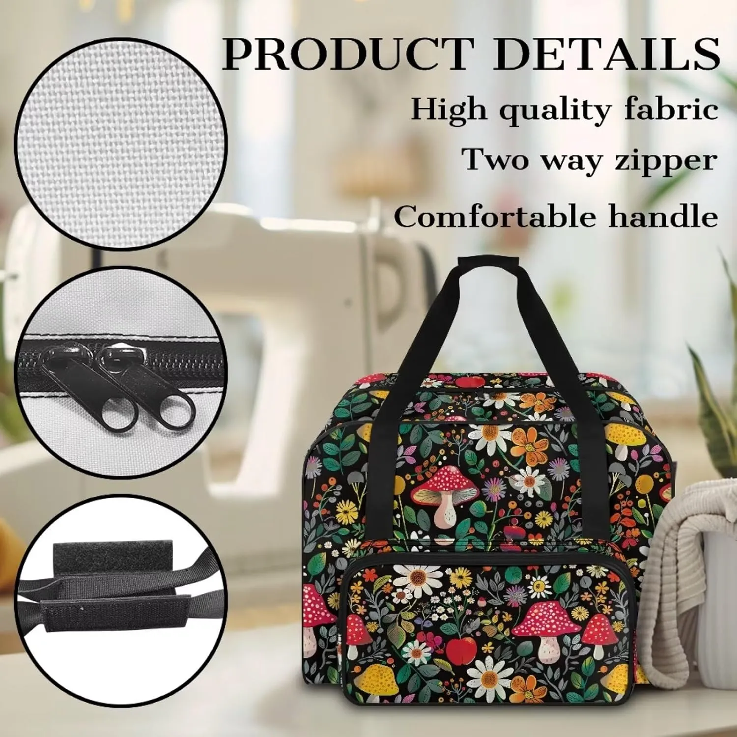 Mushroom Sewing Machine Carrying Case Portable Tote Handbag with Multiple Pockets Washable Sewing Machine Cover Dust Cover for Singer Brother Janome and Accessories