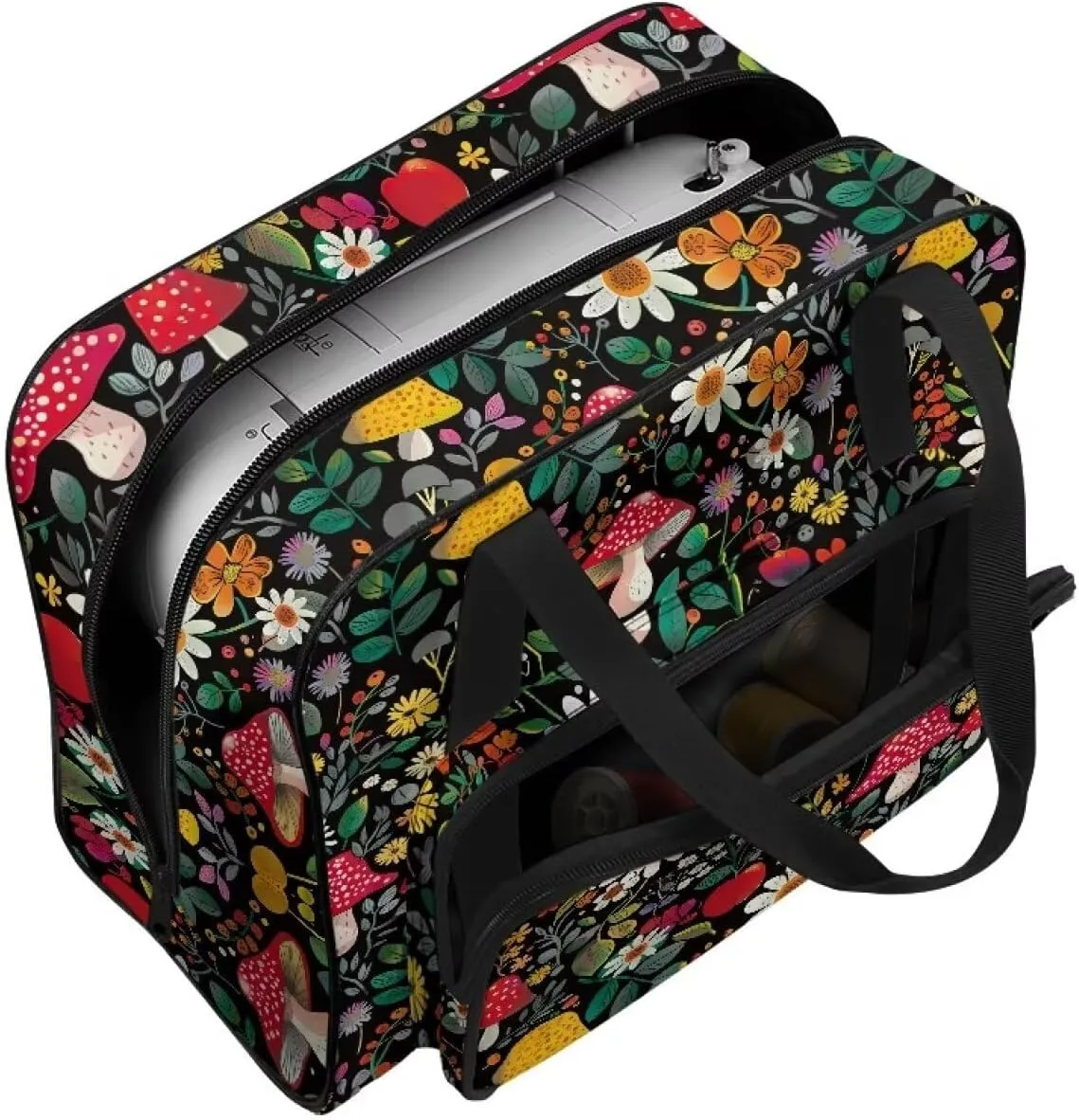 Mushroom Sewing Machine Carrying Case Portable Tote Handbag with Multiple Pockets Washable Sewing Machine Cover Dust Cover for Singer Brother Janome and Accessories