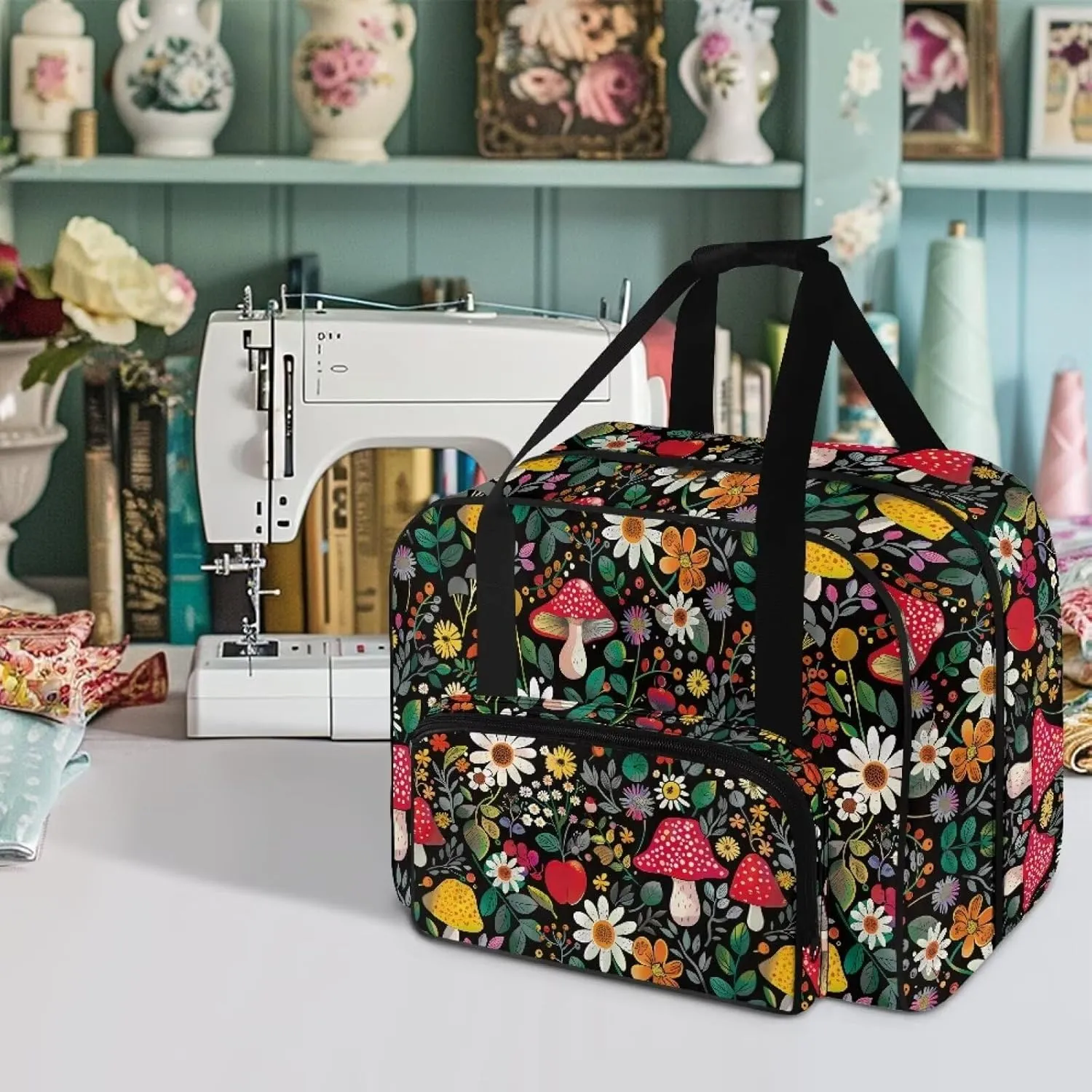 Mushroom Sewing Machine Carrying Case Portable Tote Handbag with Multiple Pockets Washable Sewing Machine Cover Dust Cover for Singer Brother Janome and Accessories