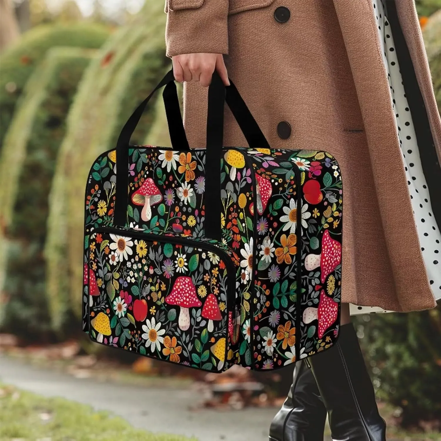 Mushroom Sewing Machine Carrying Case Portable Tote Handbag with Multiple Pockets Washable Sewing Machine Cover Dust Cover for Singer Brother Janome and Accessories