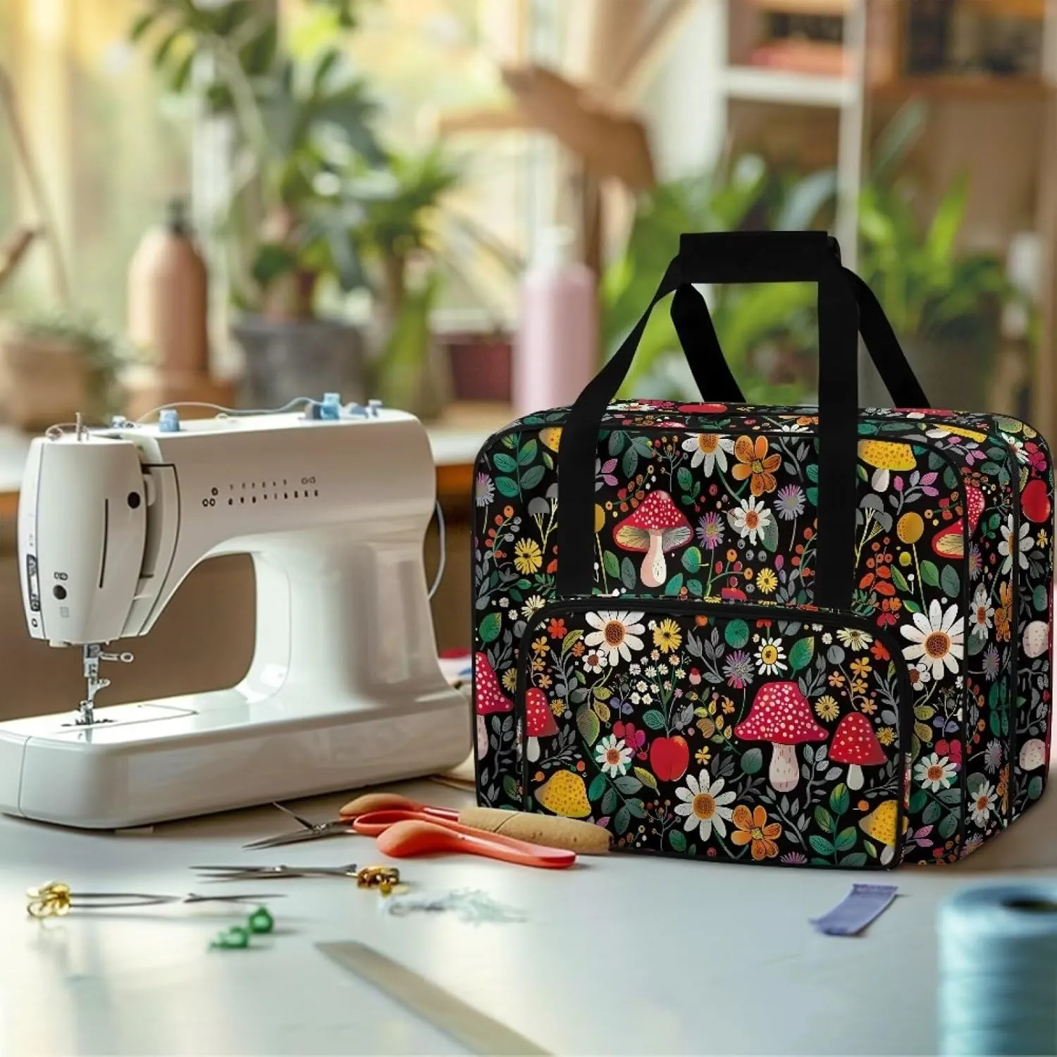 Mushroom Sewing Machine Carrying Case Portable Tote Handbag with Multiple Pockets Washable Sewing Machine Cover Dust Cover for Singer Brother Janome and Accessories