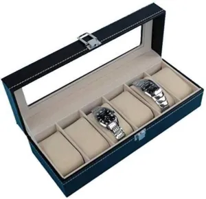 MUSUMI Watch Storage Box Simulation Leather Watch Box Watch Box Transparent Glass Cover 6 Compartment with Lock Fashion