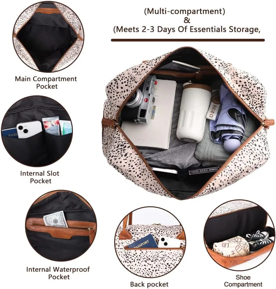 MyMealivos Canvas Weekender Bag, Overnight Travel Carry On Duffel with Shoe Pouch (Cheetah Spot) and Toiletry Bag