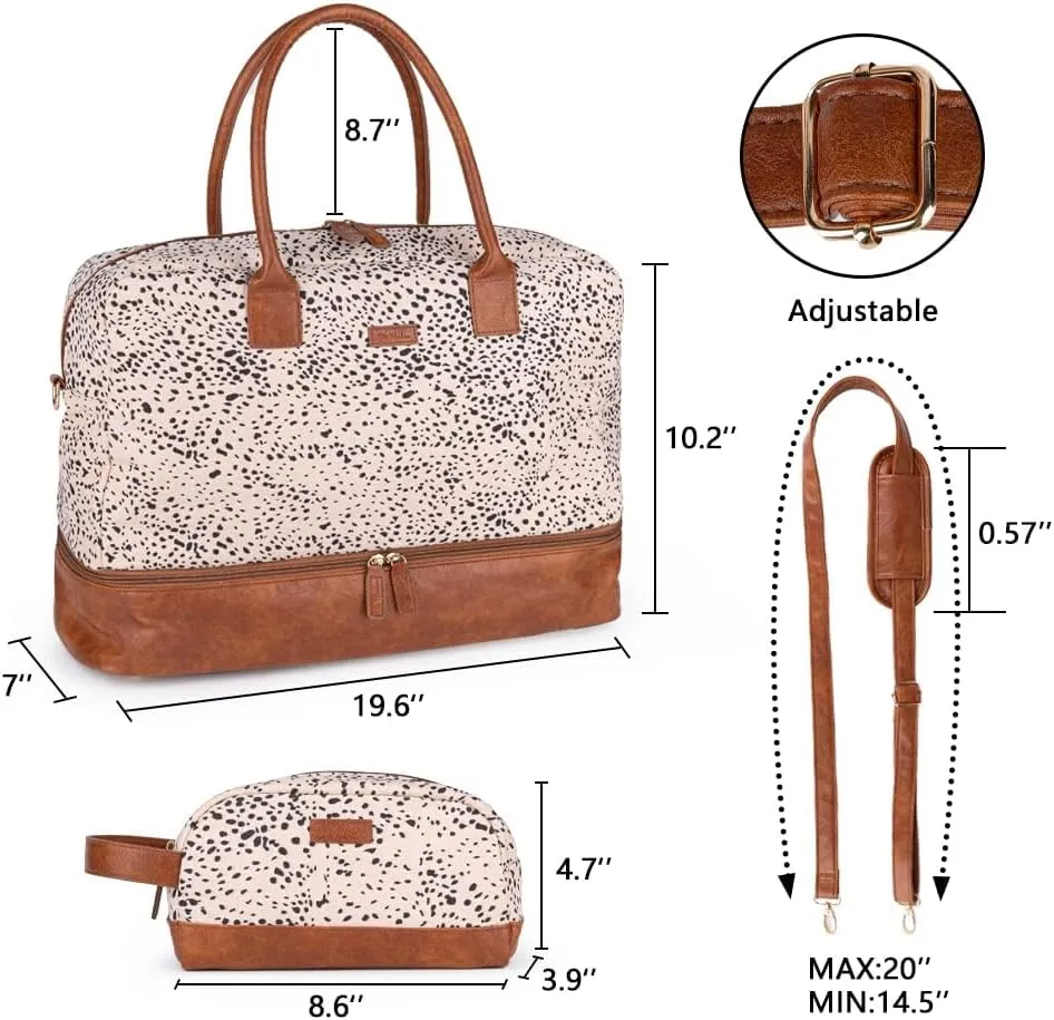 MyMealivos Canvas Weekender Bag, Overnight Travel Carry On Duffel with Shoe Pouch (Cheetah Spot) and Toiletry Bag
